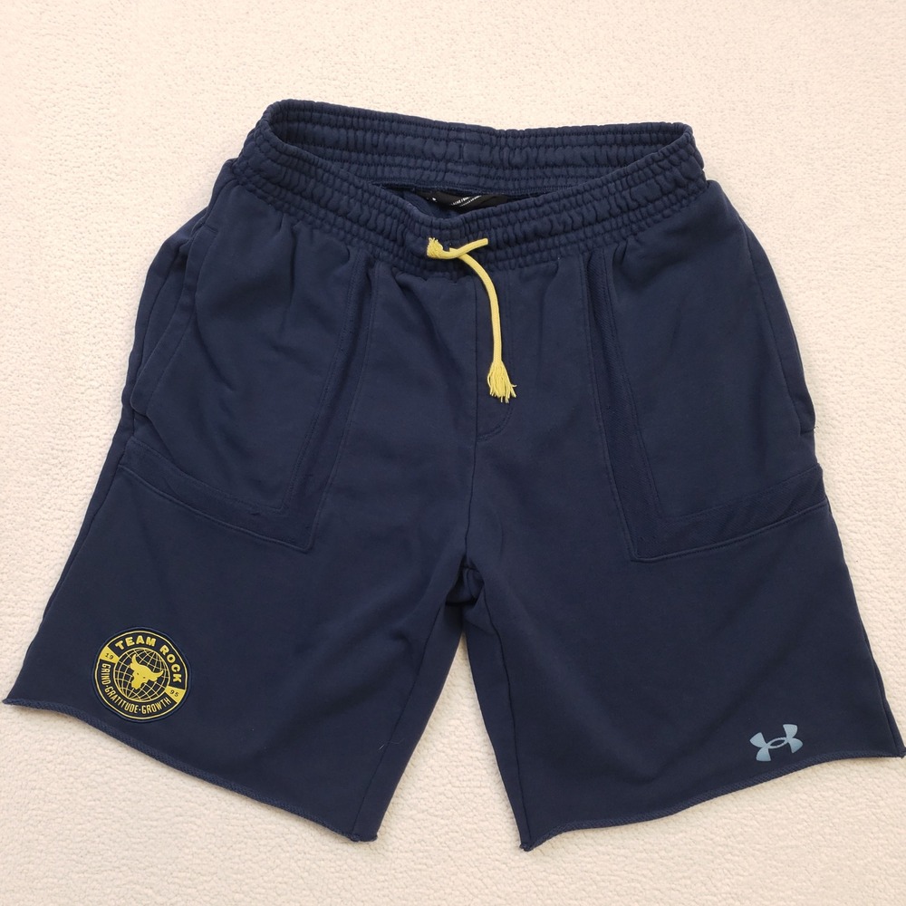 Under Armour Project Rock Shorts Mens Large Navy Blue Raw Hem Fleece 1370454 Gym